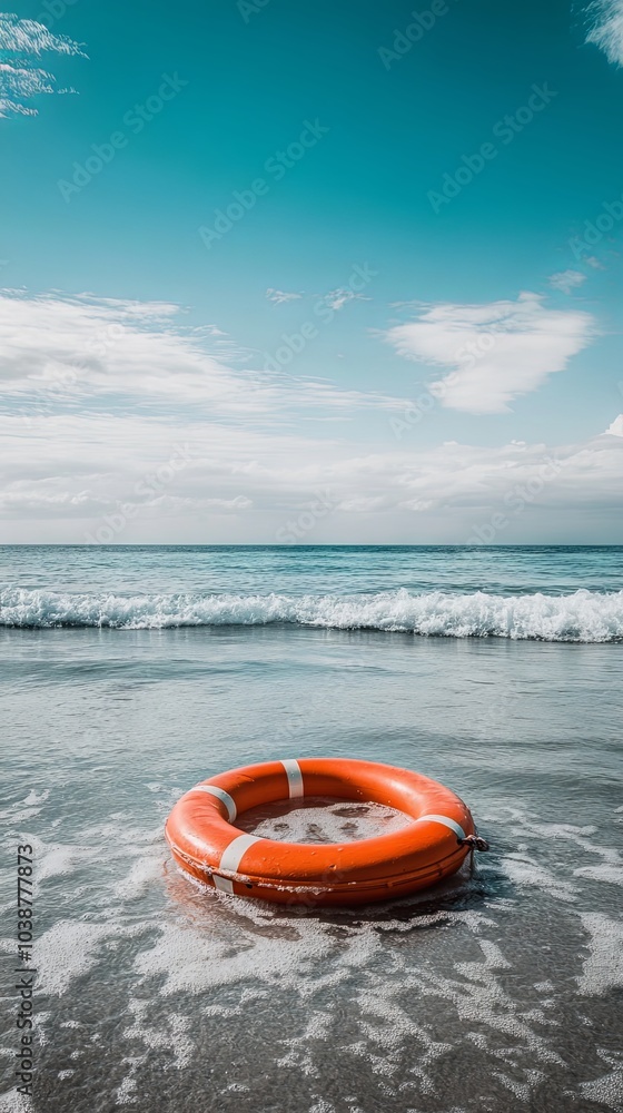 Lifebuoy on a Sandy Beach with Blue Sky and White Clouds Lifebuoy on a Sandy Beach with Blue Sky and White Clouds