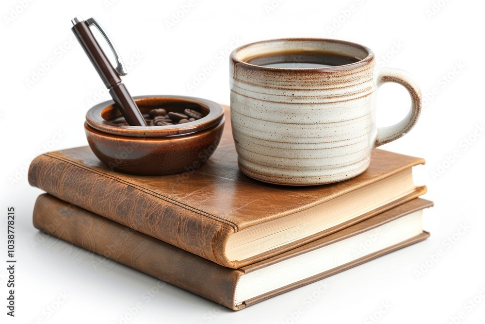 Naklejka premium A study table setup with textbooks, a pen holder, and a cup of coffee isolated on white