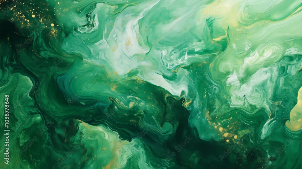 Abstract green paint splashes evoke nature, with organic shapes and touches of gold for contrast.