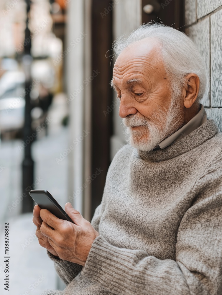 Obraz premium An elderly man in a cozy sweater sits outside a building, leaning against the wall while using a smartphone