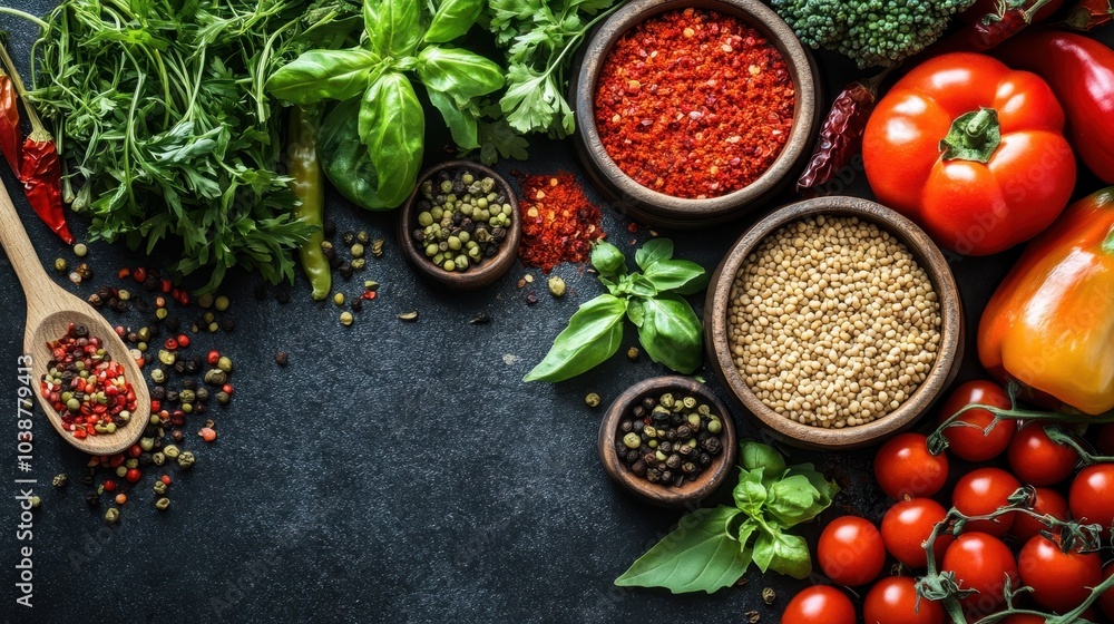 Fresh Herbs and Spices on Dark Background Fresh Herbs and Spices on Dark Background