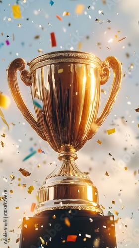 a large trophy made out of butter, sitting on a pedastal, surrounded by bright light and confetti falling from the sky