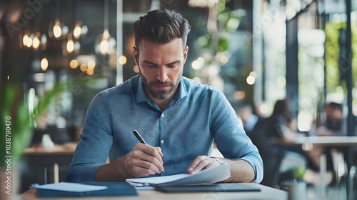 A man sits at a table and writes on a document with a pen photo