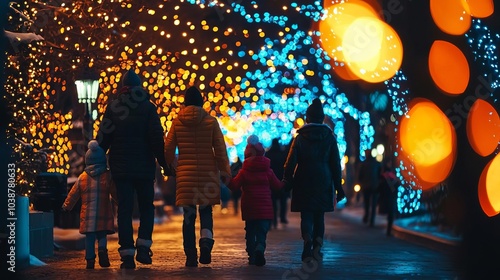 Family walking together under colorful holiday lights in a festive atmosphere.