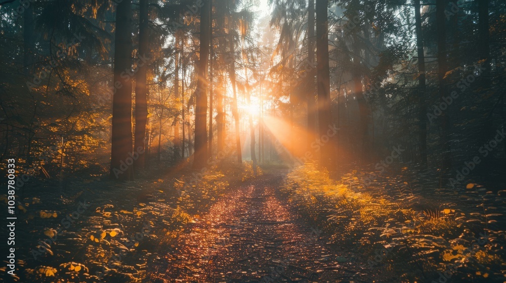 Fototapeta premium Morning sun rays filtering through a dense forest, illuminating the path