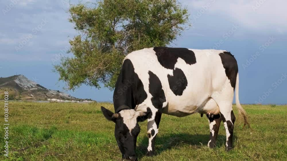 A spotted cow grazes in a green meadow. A spotted cow grazes in a green meadow.