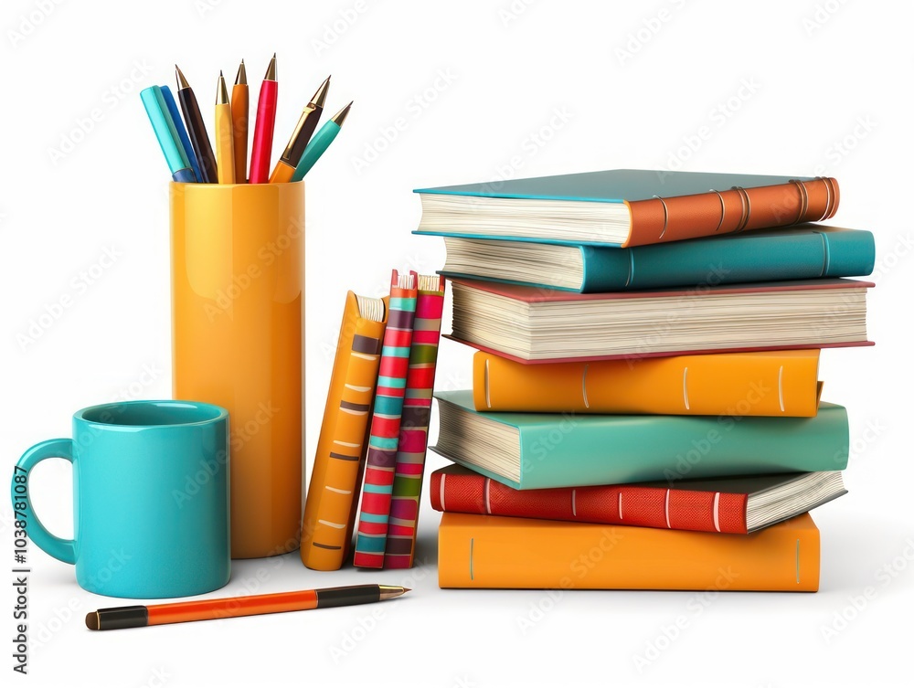 A study table with a stack of textbooks, a pen holder, and a coffee mug isolated on white A study table with a stack of textbooks, a pen holder, and a coffee mug isolated on white