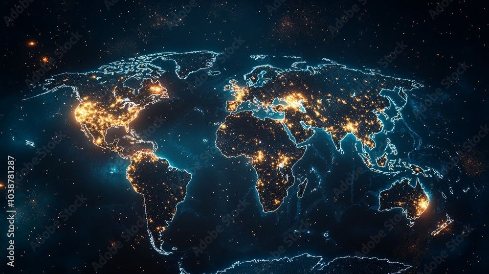 Earth's Illuminated Continents with a Blue Outline and Scattered Stars Earth's Illuminated Continents with a Blue Outline and Scattered Stars