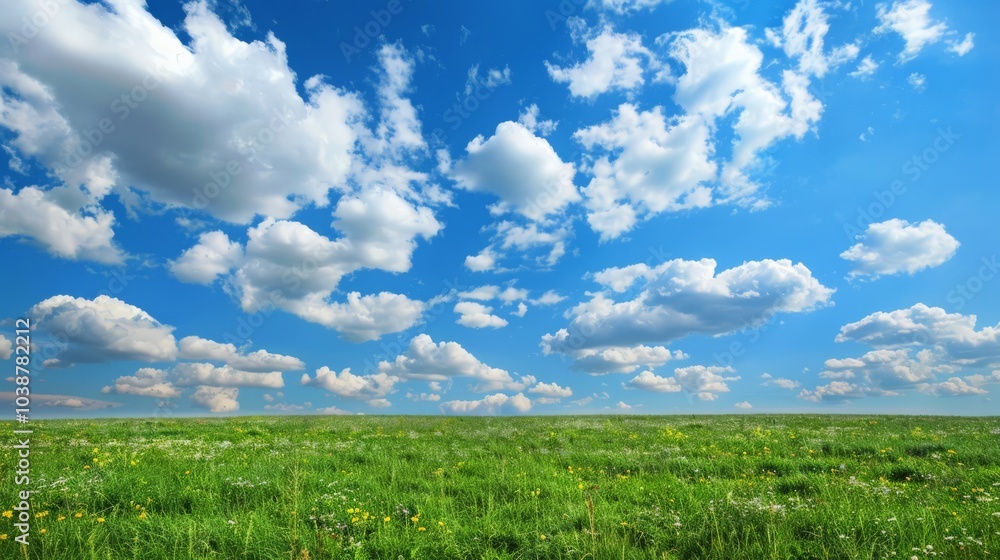 Puffy white clouds dotting a bright blue summer sky over a green meadow Puffy white clouds dotting a bright blue summer sky over a green meadow