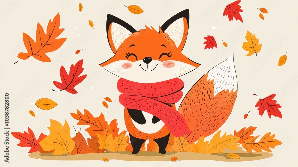 Cheerful Fox Wearing a Bright Red Scarf in Autumn Cheerful Fox Wearing a Bright Red Scarf in Autumn