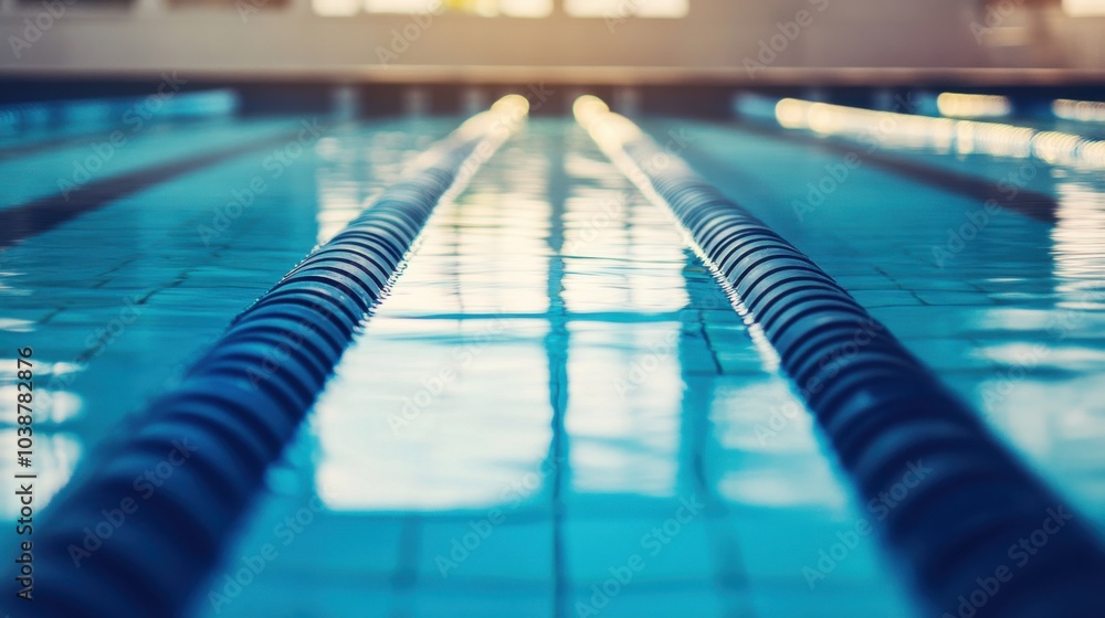 Obraz premium A swimming pool's lane line with a focus on its buoyancy and color, outdoor setting with sunlight reflection, Fresh style