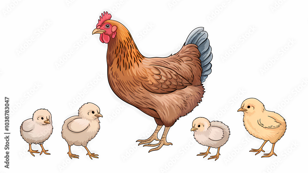 A Charming Illustration of a Mother Hen and Her Adorable Chicks on the Farm A Charming Illustration of a Mother Hen and Her Adorable Chicks on the Farm