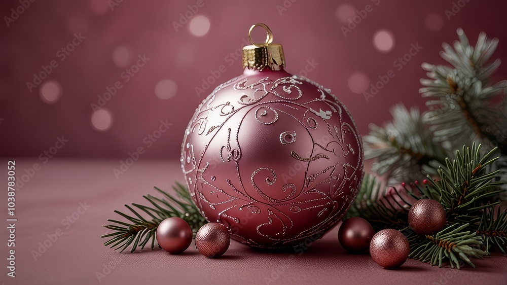 Christmas decorations with falling snow and Christmas tree, balls and gifts Christmas decorations with falling snow and Christmas tree, balls and gifts