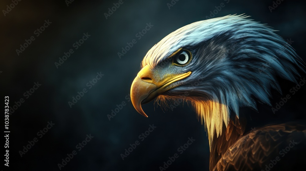 Fototapeta premium A close-up of a majestic eagle with detailed feathers and intense gaze.