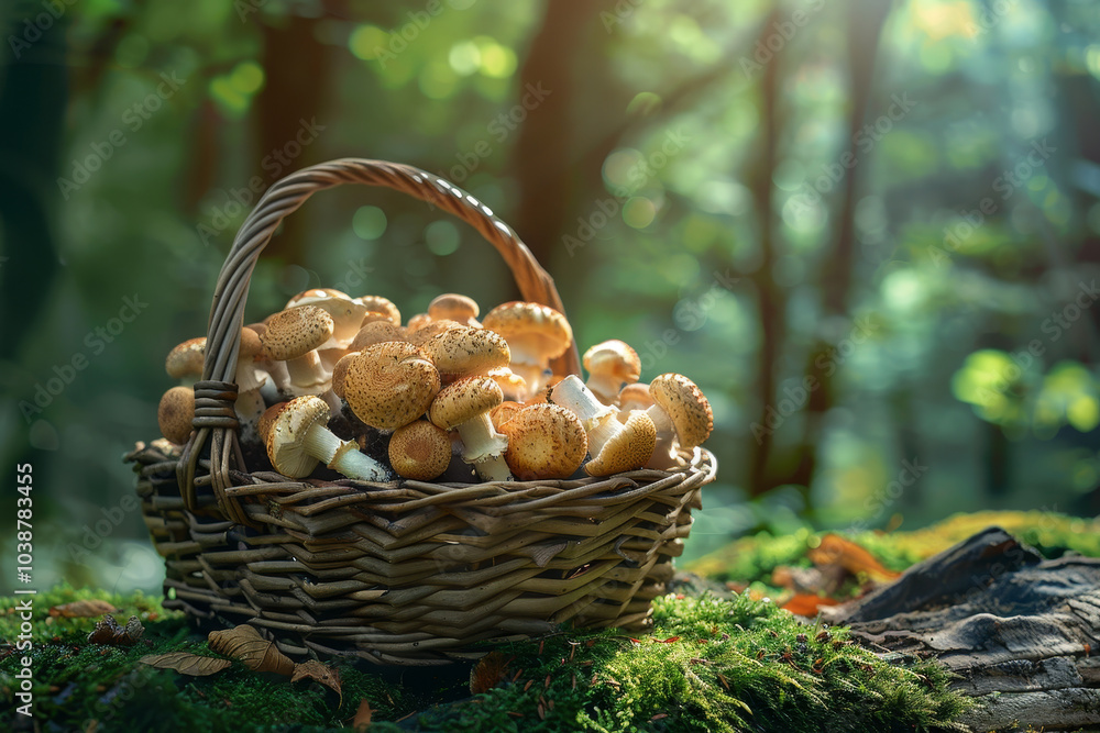 A basket full of mushrooms is sitting on a mossy log in a forest A basket full of mushrooms is sitting on a mossy log in a forest