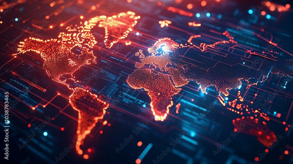 Digital World Map with Network Connections and Data Flow