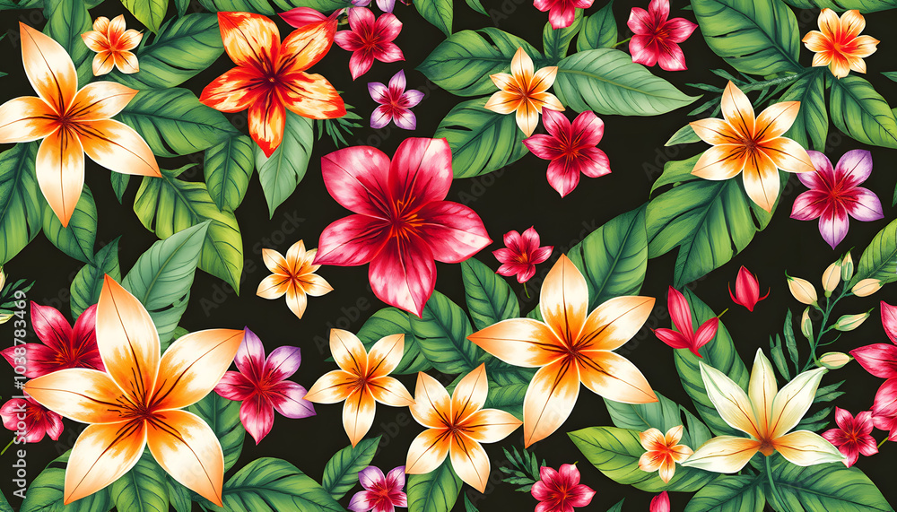 Beautiful seamless tropical floral pattern with hand drawn watercolor exotic jungle flowers. Stock illustration isolated with white highlights, png Beautiful seamless tropical floral pattern with hand drawn watercolor exotic jungle flowers. Stock illustration isolated with white highlights, png