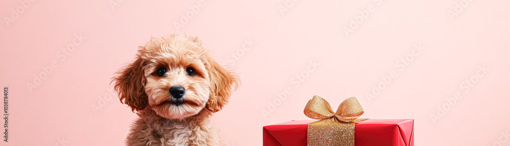 A small dog is sitting in front of a red box with a gold ribbon A small dog is sitting in front of a red box with a gold ribbon