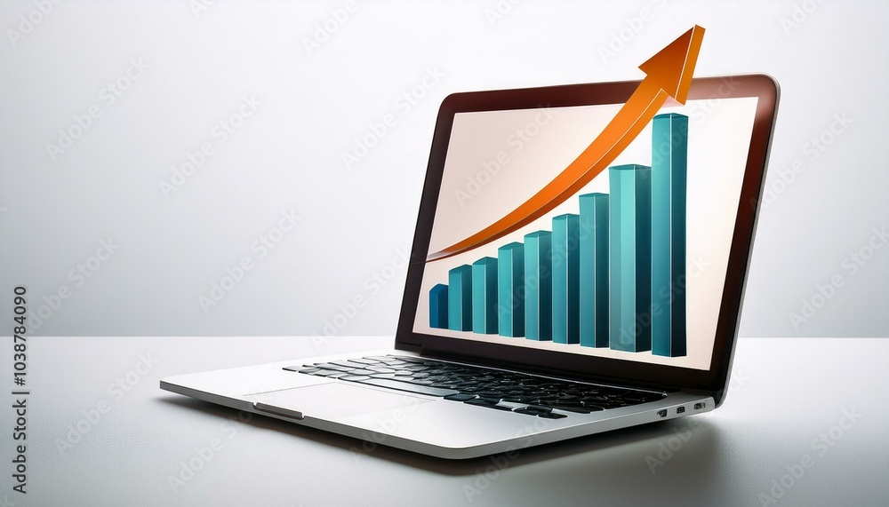 A laptop displaying a bar graph with an upward trending arrow, graphical style, on a white background, concept of growth. 3D Rendering A laptop displaying a bar graph with an upward trending arrow, graphical style, on a white background, concept of growth. 3D Rendering