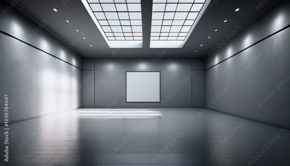 An empty modern gallery room with blank walls and a high ceiling with skylights, on a grey background, concept of a contemporary art space. 3D Rendering An empty modern gallery room with blank walls and a high ceiling with skylights, on a grey background, concept of a contemporary art space. 3D Rendering