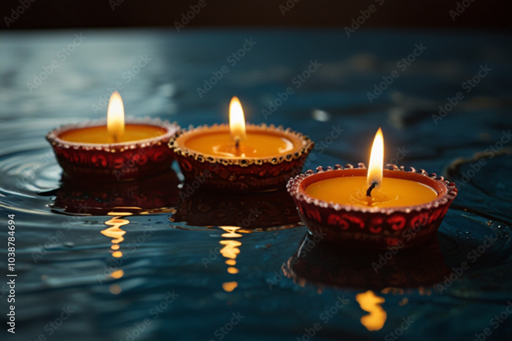 Burning candles in water for Diwali holiday Burning candles in water for Diwali holiday