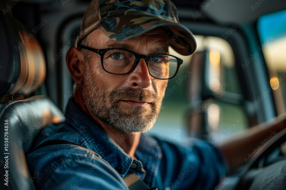 A man wearing a camouflage hat and glasses is driving a truck A man wearing a camouflage hat and glasses is driving a truck