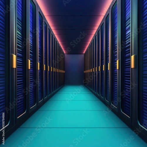 Blueprintstyle diagram of a virtual datacenter connected by cloud servers, futuristic design photo