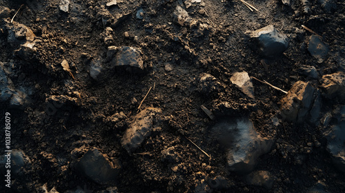 Footprints and rocks scattered on a dirt path in the early morning light of a wooded area