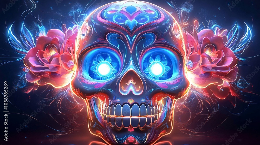 Luminous Neon Sugar Skull with Floral Patterns Luminous Neon Sugar Skull with Floral Patterns