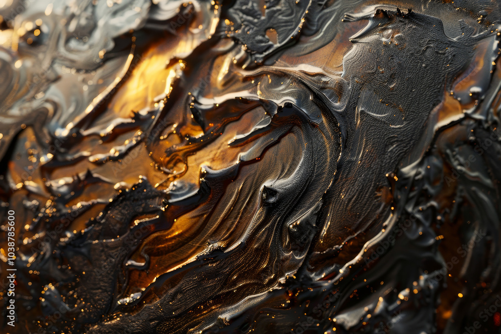 A close-up view reveals an intricate black and gold surface that appears to flow like liquid. Soft light enhances the textures, creating an artistic effect highlighting deep grooves A close-up view reveals an intricate black and gold surface that appears to flow like liquid. Soft light enhances the textures, creating an artistic effect highlighting deep grooves