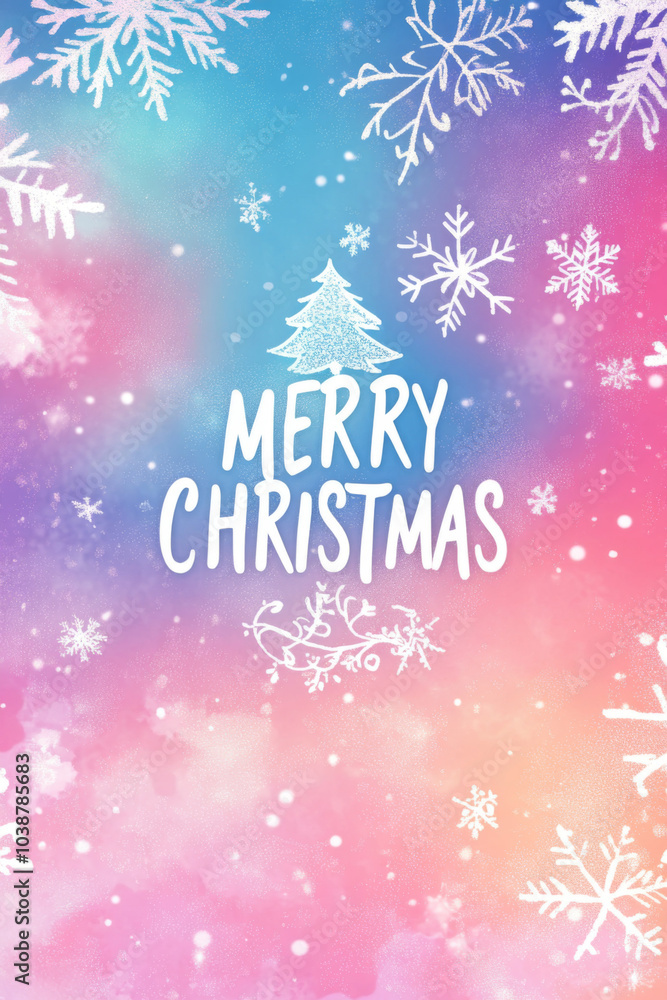 Merry Christmas text with snowflakes on Christmas tree branches background Merry Christmas text with snowflakes on Christmas tree branches background
