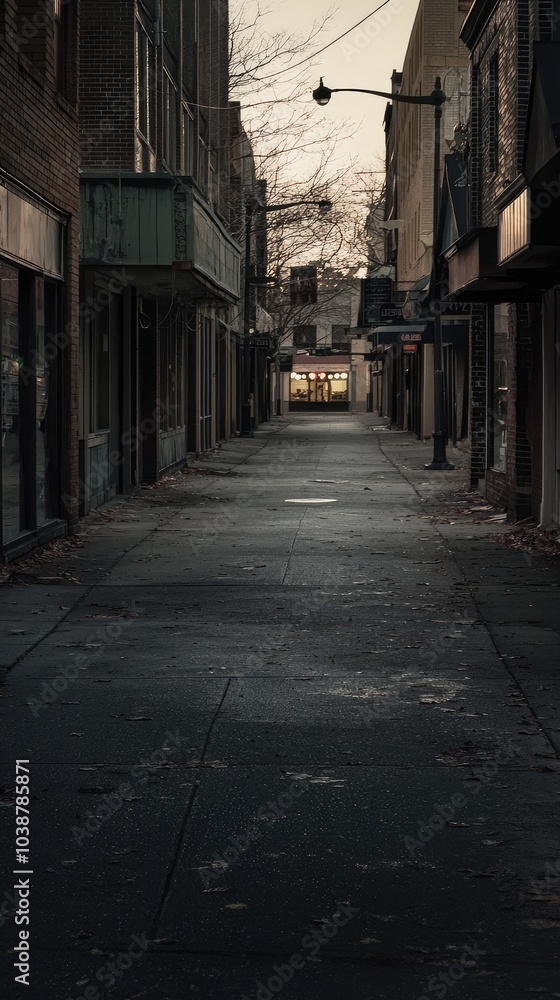 Deserted Downtown Street with Closed Shops at Dusk Deserted Downtown Street with Closed Shops at Dusk