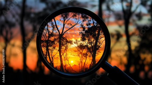 Magnifying glass reflecting sunset landscape