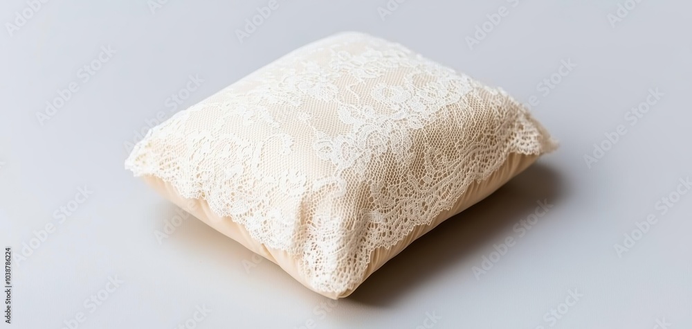Close-up of a ring bearer s pillow with delicate lace details, ready for the wedding ceremony Close-up of a ring bearer s pillow with delicate lace details, ready for the wedding ceremony
