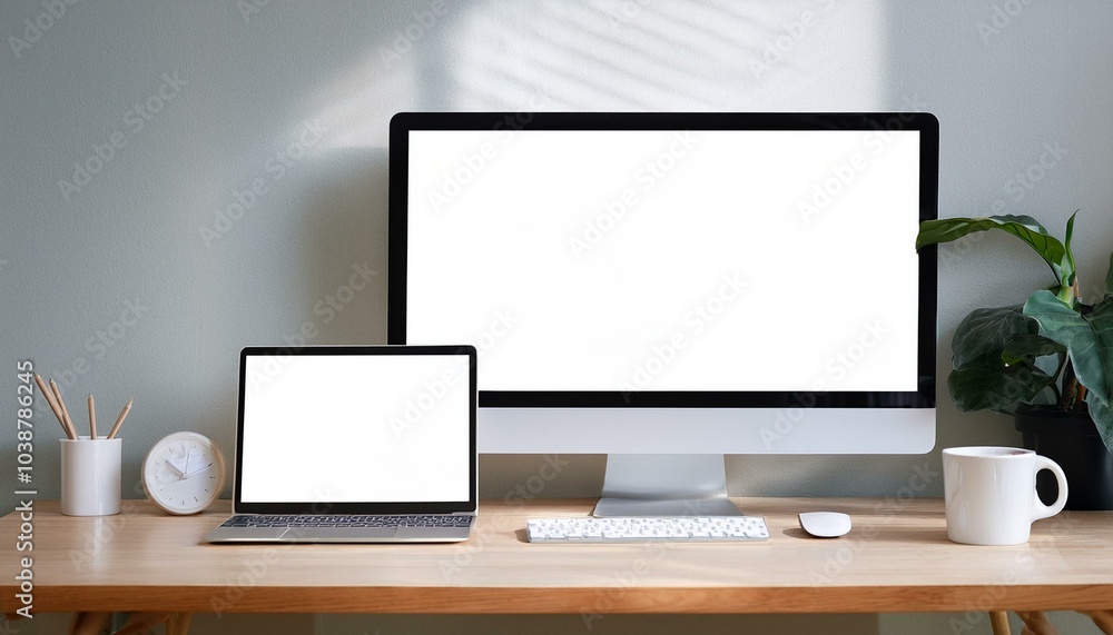 Blank white computer monitors on light wooden table with modern keyboard and coffee mug in stylish home office. 3D rendering, mockup Blank white computer monitors on light wooden table with modern keyboard and coffee mug in stylish home office. 3D rendering, mockup