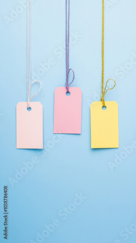 Blank price tag mockup with string on color background