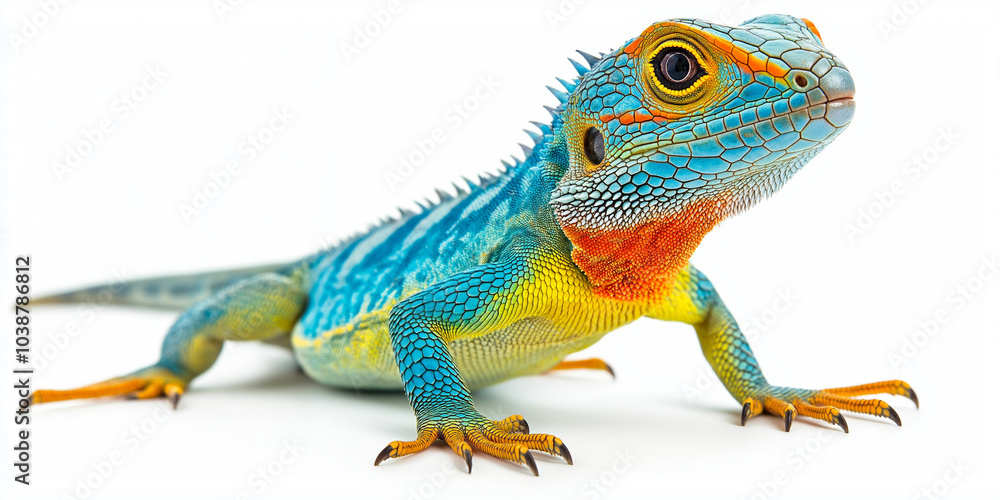 Fototapeta premium Vibrantly colored bearded dragon with blue, orange, and yellow markings standing on a white background, showcasing its spiky texture and vivid hues, selective focus