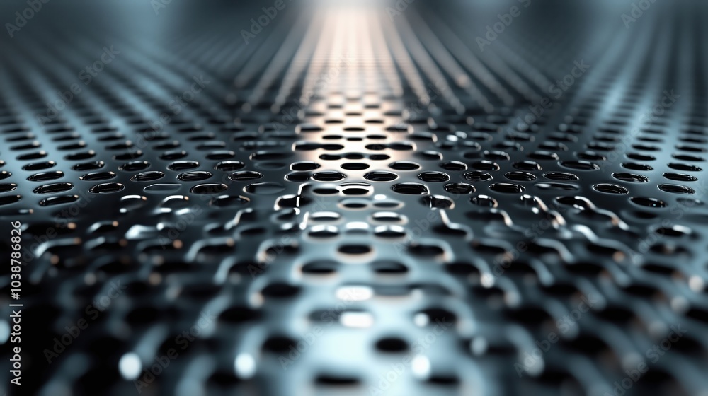 Close-up of a metallic surface with perforated holes, reflecting light, showcasing texture and depth. Close-up of a metallic surface with perforated holes, reflecting light, showcasing texture and depth.
