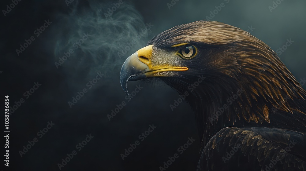 Obraz premium A majestic eagle gazes into the distance, surrounded by a misty atmosphere.