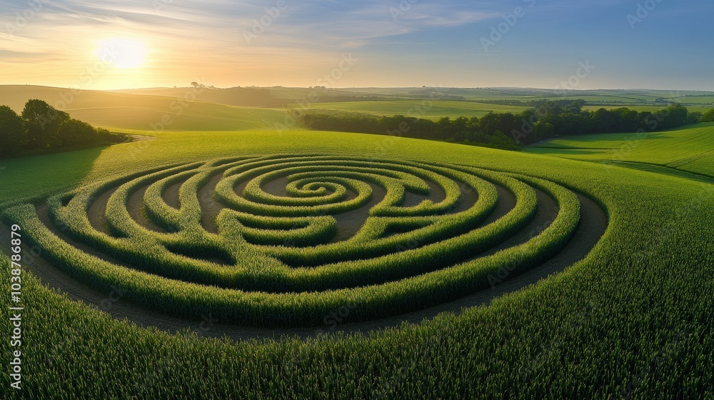 Wide view of vibrant crop circle designs in a lush green field. Panoramic shot with intricate details and rising mist, captured in the soft morning light. Wide view of vibrant crop circle designs in a lush green field. Panoramic shot with intricate details and rising mist, captured in the soft morning light.