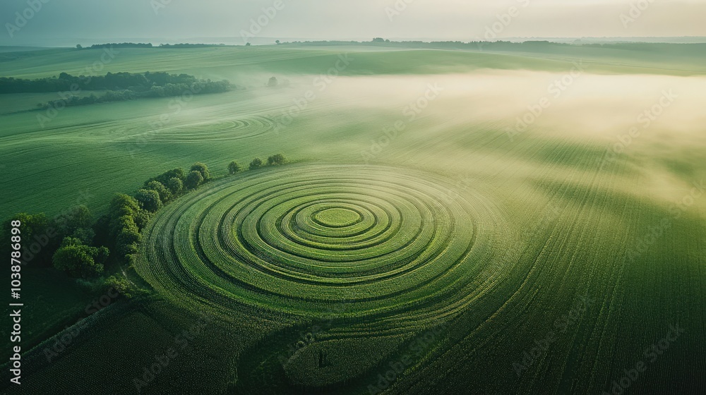 Aerial view of crop circles in a vast green field at sunrise. Sharp details and contrasting patterns highlighted by early morning mist. Aerial view of crop circles in a vast green field at sunrise. Sharp details and contrasting patterns highlighted by early morning mist.