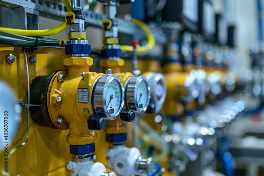 A row of yellow and white valves are connected to a pipe A row of yellow and white valves are connected to a pipe