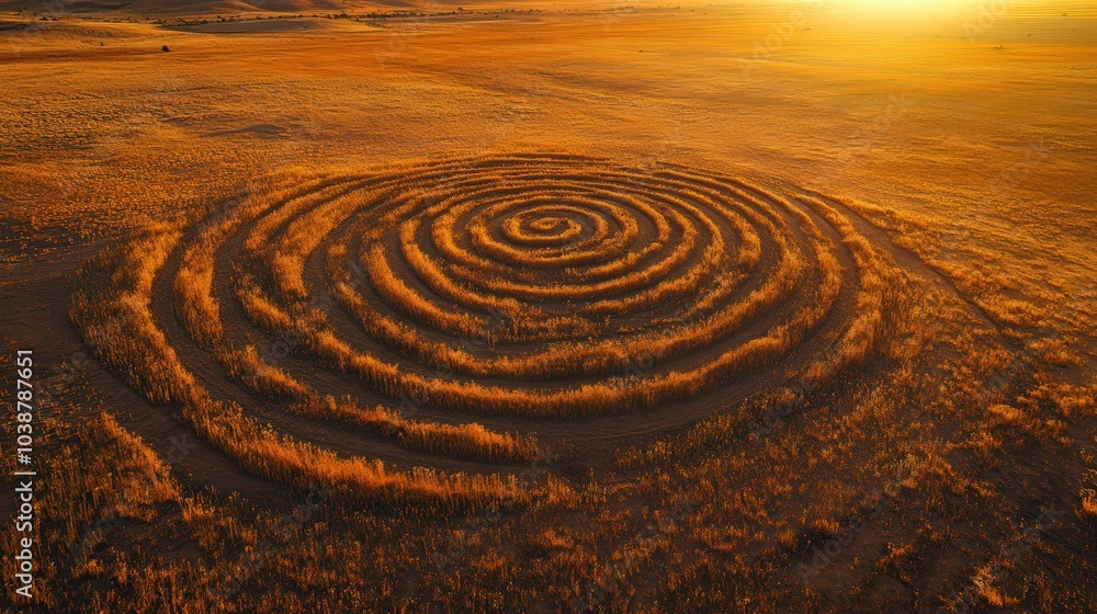 Naklejka premium Aerial view of crop circle in desert at sunset. Spiral patterns in dry, cracked earth, glowing in warm golden hues with sharp afternoon shadows.
