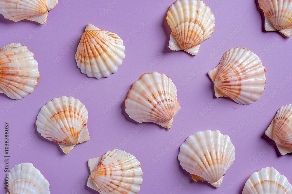 Close-up of fresh scallops on a solid purple background. Close-up of fresh scallops on a solid purple background.