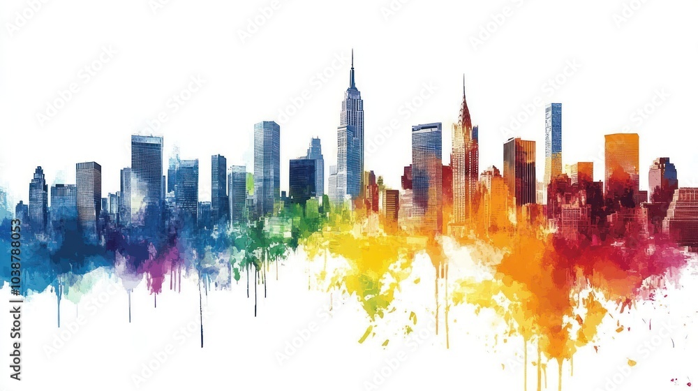 Obraz premium A colorful watercolor skyline illustration featuring iconic buildings and vibrant splashes.