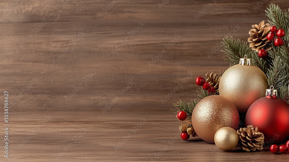 A wooden background with Christmas decorations A wooden background with Christmas decorations