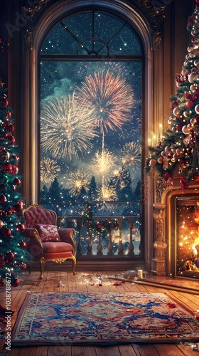 Wallpaper Mural Festive New Year Living Room with Decorations and Fireworks Torontodigital.ca