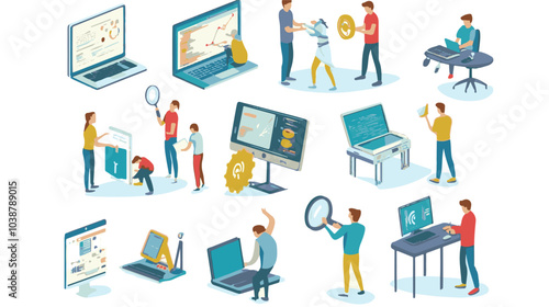 
Software testing process. People looking for mistakes and web bugs in applications and computer programs.
