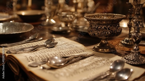 A detailed view of a Jewish Seder table, with intricate silverware and religious texts.