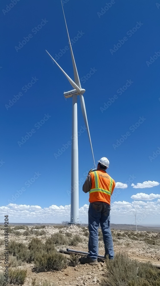 Technician Working on Wind Turbine in Open Field Technician Working on Wind Turbine in Open Field